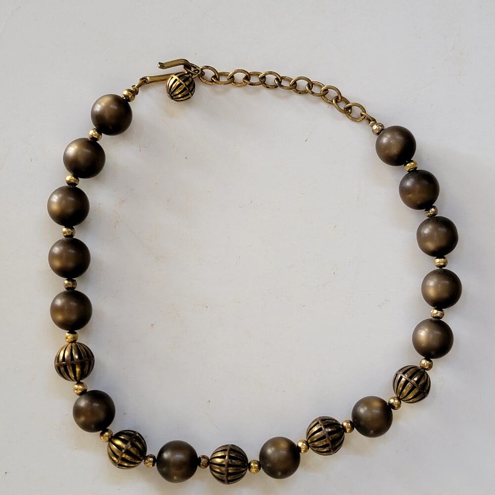 Vintage Bronze Beaded Necklace With Round Matte & Textured Filigree Bead Accents